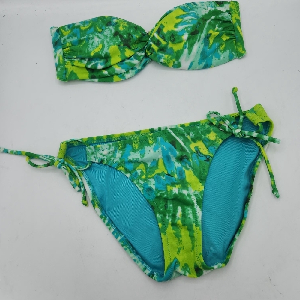 Victoria's Secrets Vintage Green Abstract Bandeau Twist Bikini Size S - Picture 2 of 11
